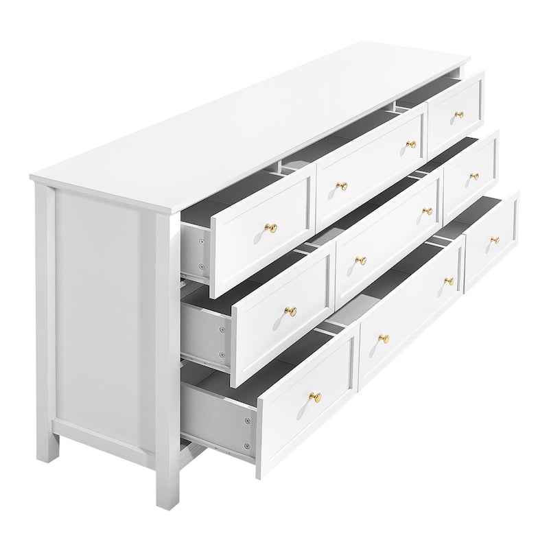 White MDF Particleboard 9 Drawer Dresser with Metal Handles and Large Storage