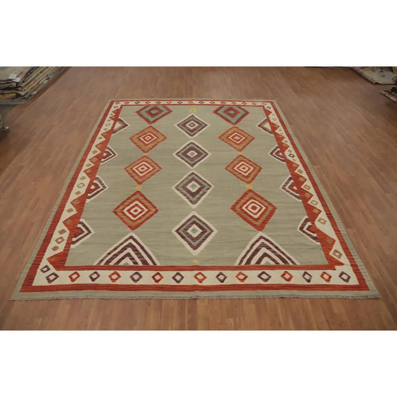 Hand Woven Oriental 100% Wool Carpet Southwestern Tribal Greys & Charcoal Kilim Area Rug - 11' 6'' X 9' 2''