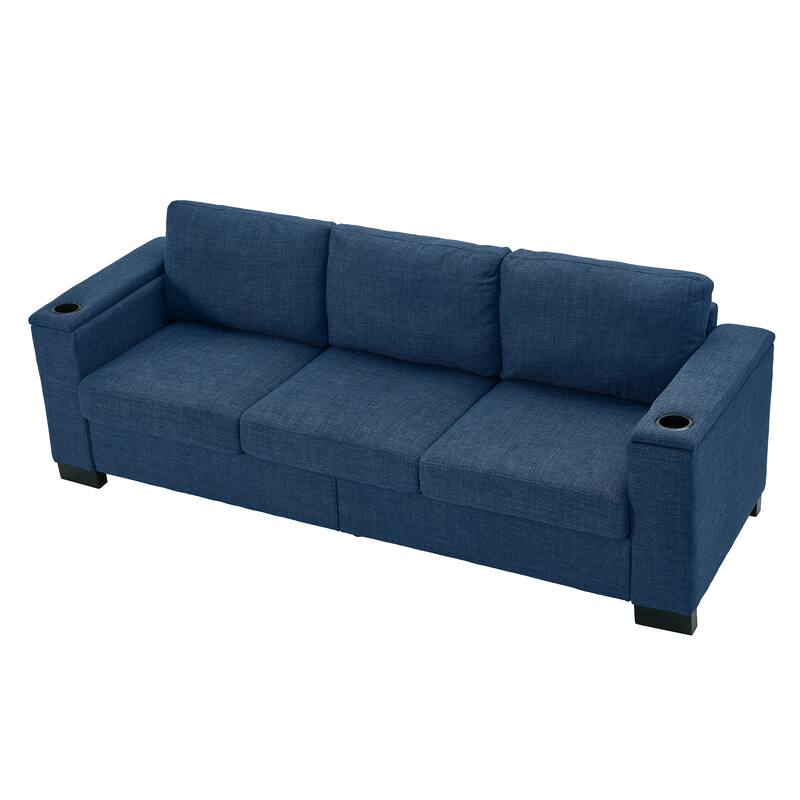 Fabric Upholstered 3 Seater Sofa, Lounge Sofa with Square Arm, Oversized Deep Seat Sofa with Storage & Cup Holders