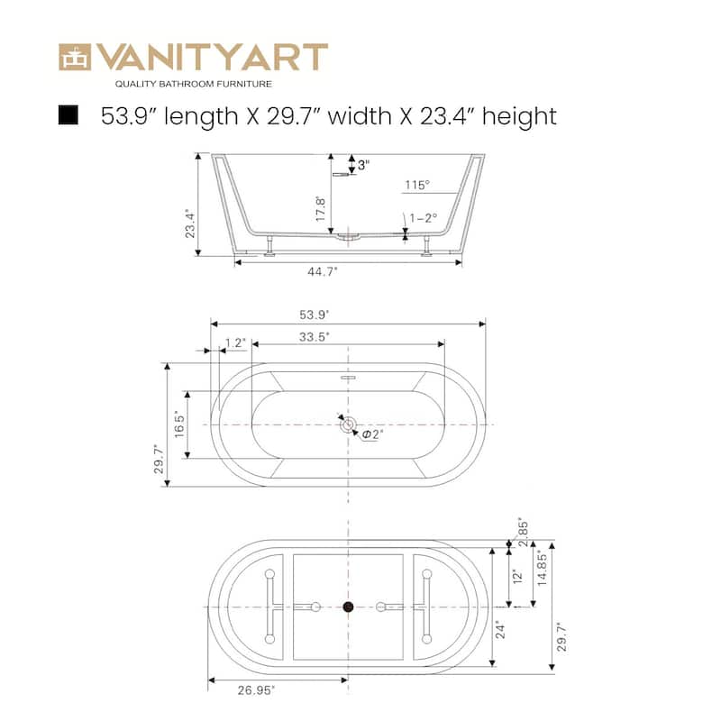 Vanity Art 59" Acrylic Freestanding Soaking Bathtub