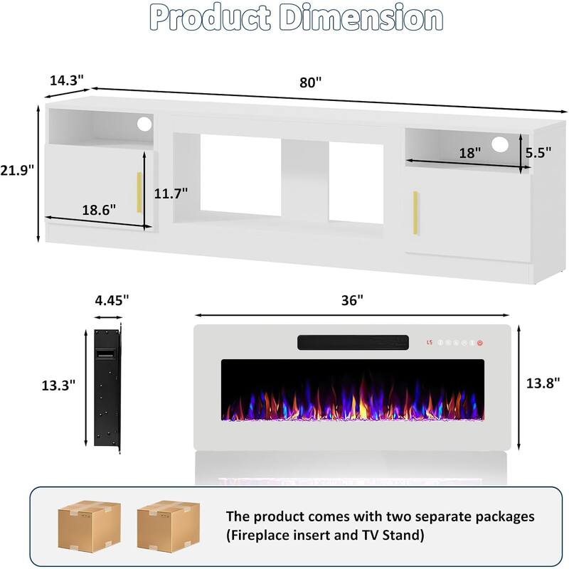 Bossin 80" Fireplace TV Stand with 36" Electric Fireplace, TV Stand for TVs Up to 90", 16 Colors LED Lights/Entertainment Center