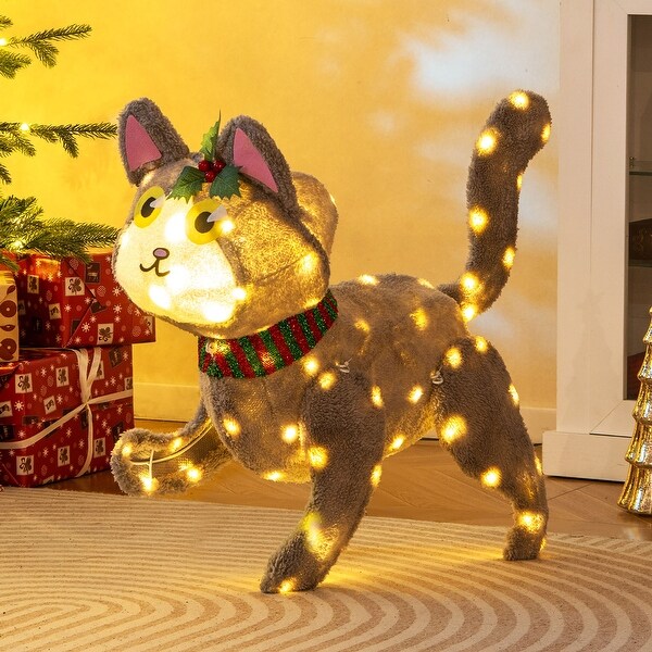 Gymax Lighted Christmas Cat w/ 88 LED Lights 4 Ground Stakes Cable