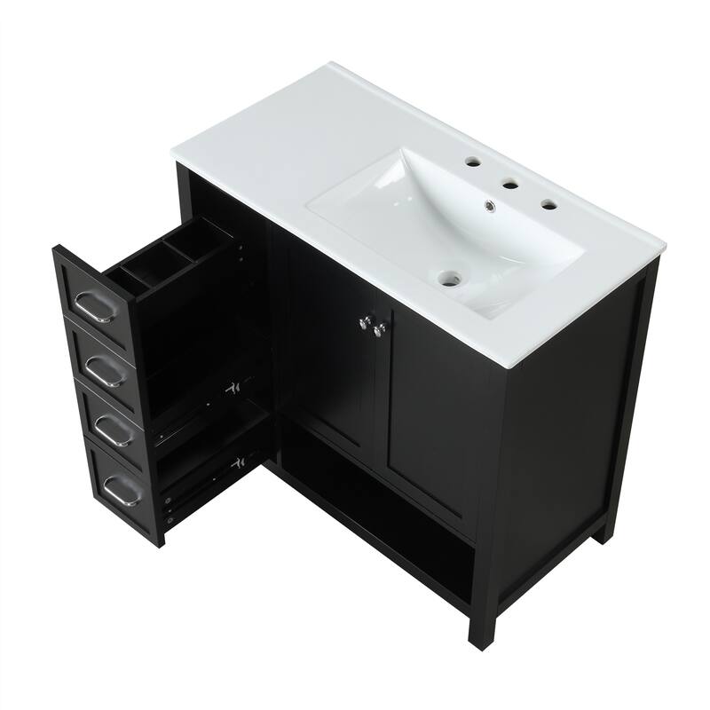 36" Freestanding Bathroom Vanity with Ceramic Sink, 2 Doors and 2 Drawers, Modern Grey Finish,8" Faucet Mount