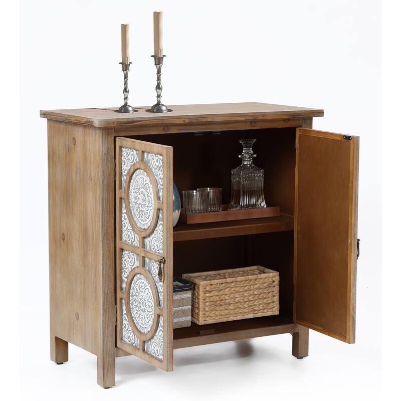 Floral Lattice Metal 2-Door Farmhouse Pine Wood Storage Cabinet - 31.9" H x 31.5" W x 15.7" D