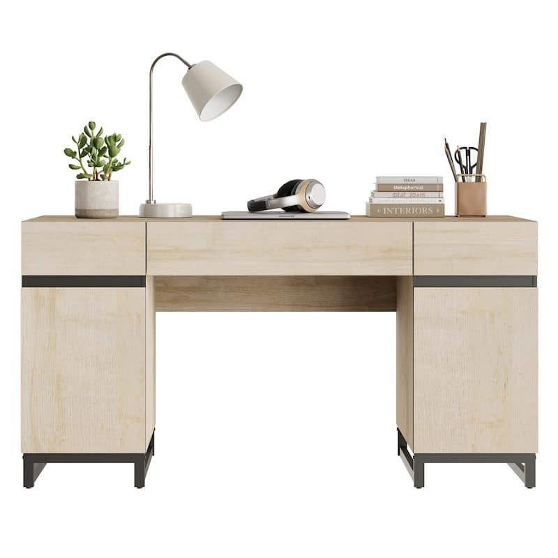 WAMPAT 59" Modern Executive Desk with Drawers, Home Office Computer Desk with Charging Station, File Drawer, Storage Cabinet.