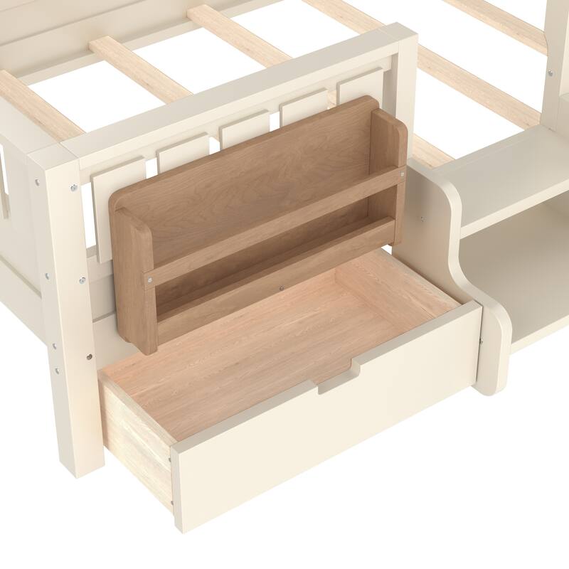 Full/Twin Loft Bed with Storage Drawers, Safety Staircase & Rails