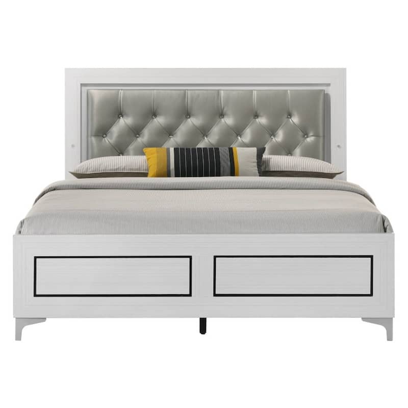 Queen Size Platform Bed with LED Light Headboard in White Finish and Gray PU Upholstery - White