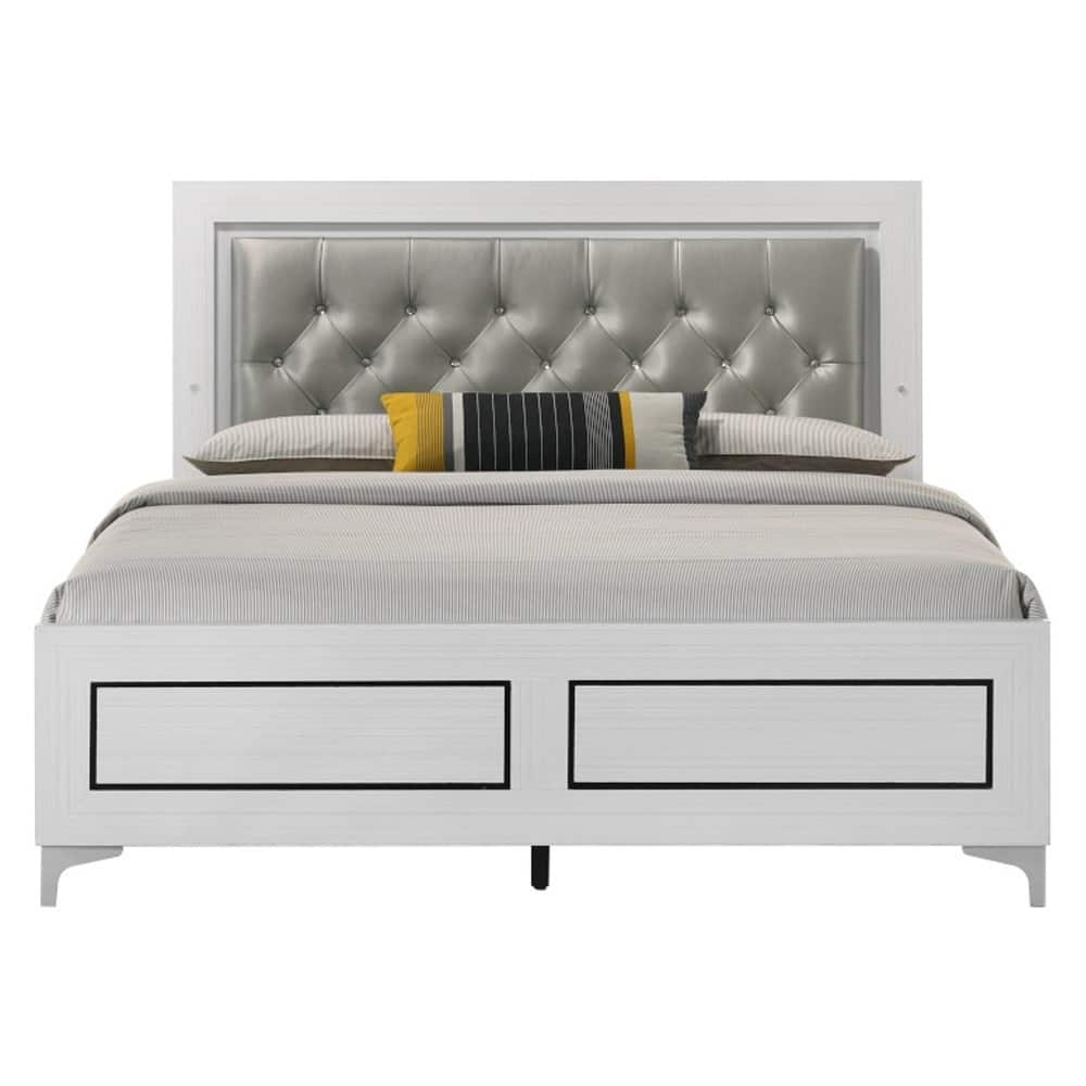 Queen Size Platform Bed with LED Light Headboard in White Finish and Gray PU Upholstery