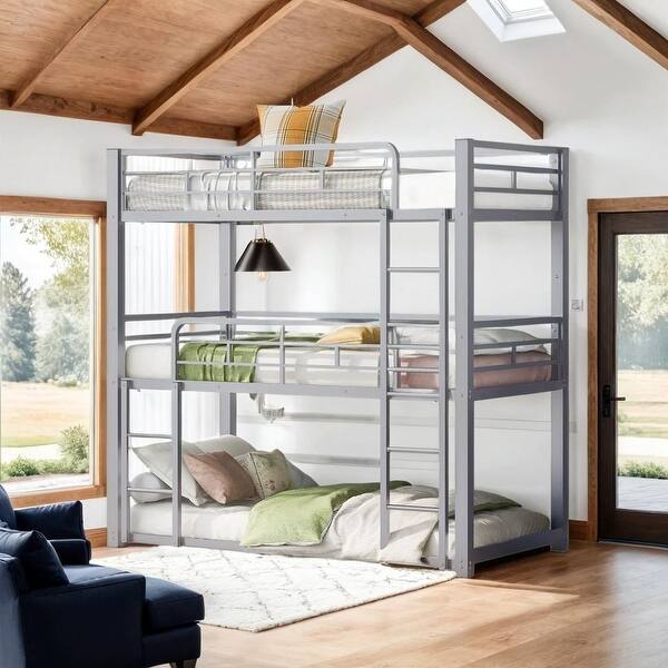 slide 2 of 14, Metal Twin Size Triple Bunk Bed with Ladder, Silver Silver