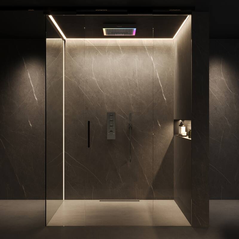 GRANDJOY Thermostatic LED Rain and Waterfall Shower System with Handheld, Built-In Music Function