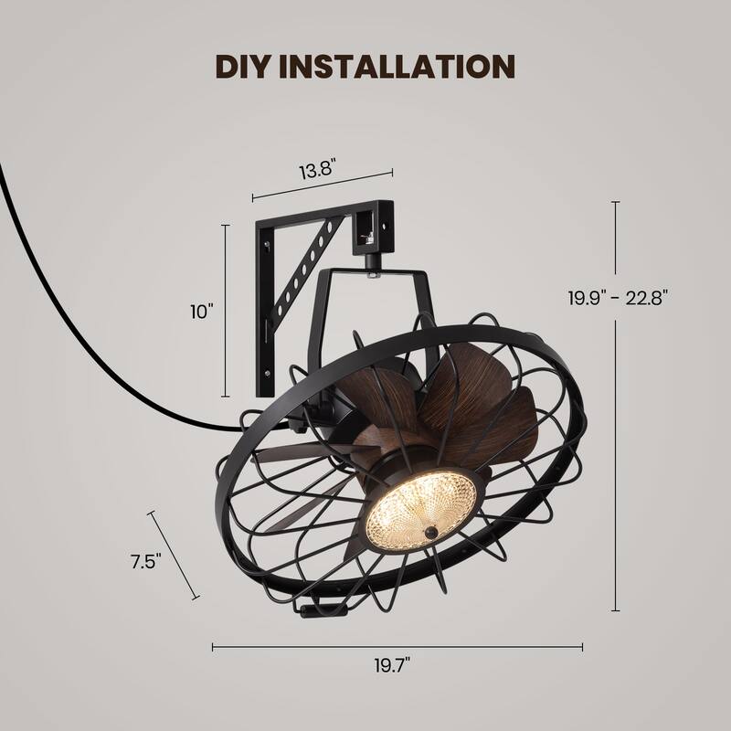 20" Industrial Wall Mount Ceiling Fans with Lights, LED Waterproof Caged Fan with Remote and APP Control - 20''