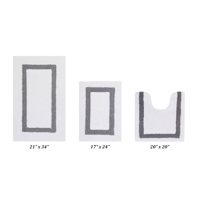 Better Trends Hotel Collection in Race Track 100% Cotton Super Absorbent Reversible Double Sided Machine Washable Bath Mat Rug - 3 Piece Set (17" x 24" | 20" x 20" | 21" x 34") - White & Gray