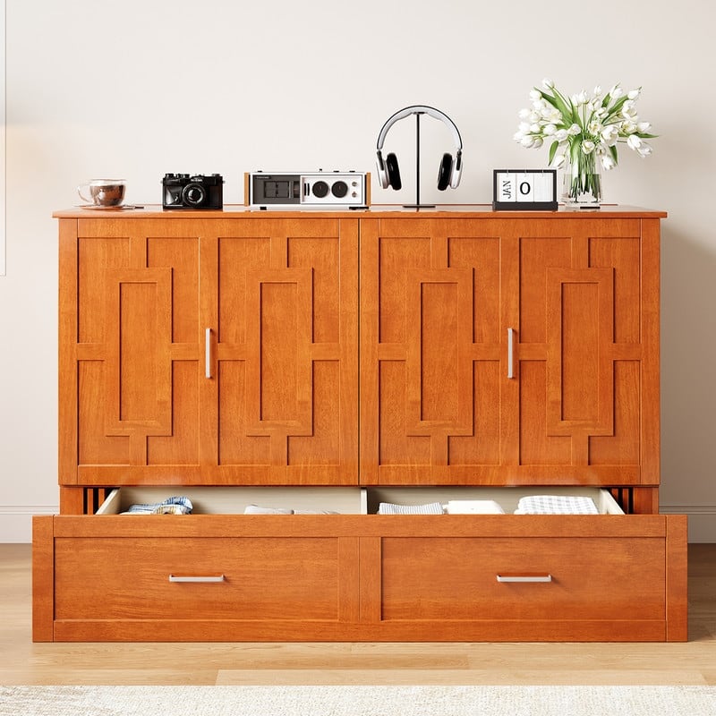 Mixoy Queen Modern Murphy Bed Chest with Mattress,Storage Drawer,Charging Station