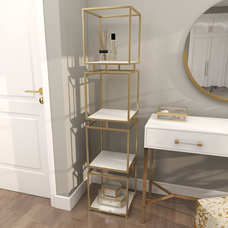 Gold Metal Cube Shelving Unit with 4 Marble Shelves