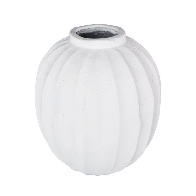 White Magnesium Oxide Wide Decorative Vase with Carved Grooves