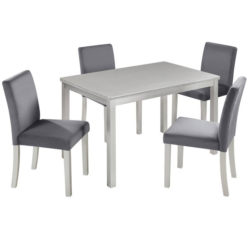 5 Piece Wooden Dining Table Set, Table Set with a Rectangular Table and 4 Upholstered Chairs, Table with Crystal Decoration