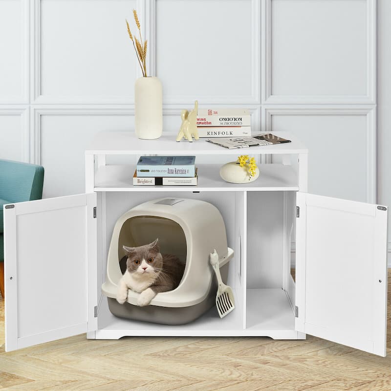 Wooden Cat Litter Box Enclosure Hidden Cat Washroom w/ Storage Layer