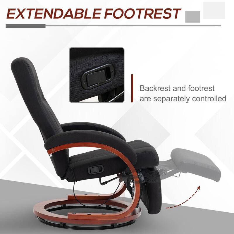 Black Linen Swivel Recliner Chair with Wooden Base and Footrest