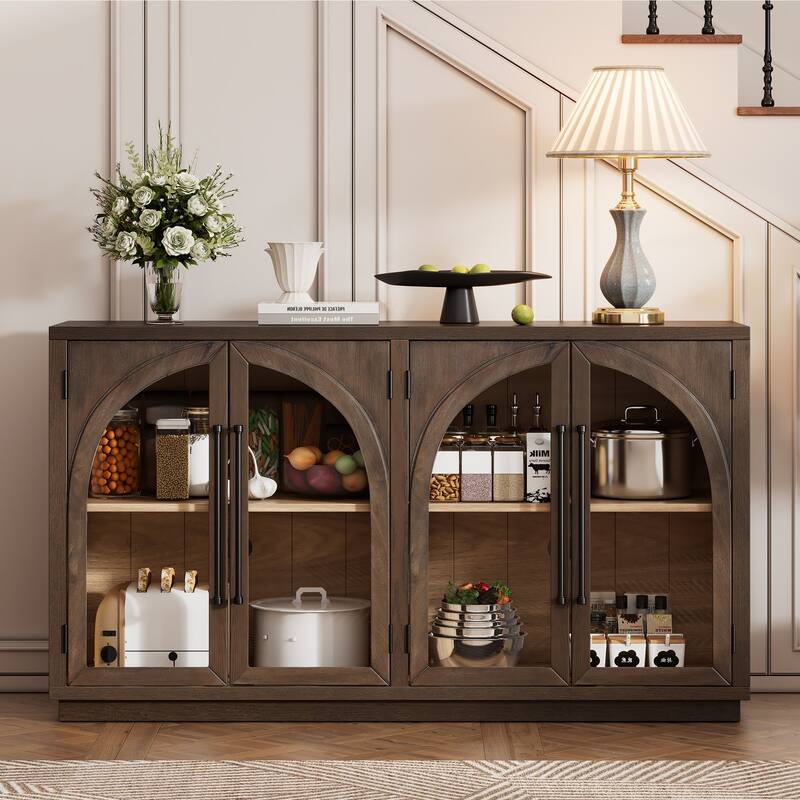 4-Door Large Storage Sideboard with Arched Glass Doors and Metal Handles, Wooden Buffet Storage Cabinet with Adjustable Shelves