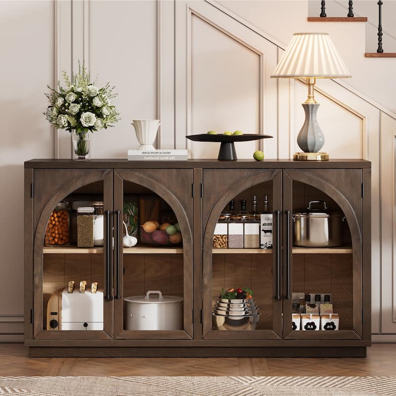 Four-Door Arched Buffet Sideboard with Glass Fronts and Adjustable Shelving, Ideal for Kitchen, Dining, or Living Room Storage. -  Espresso