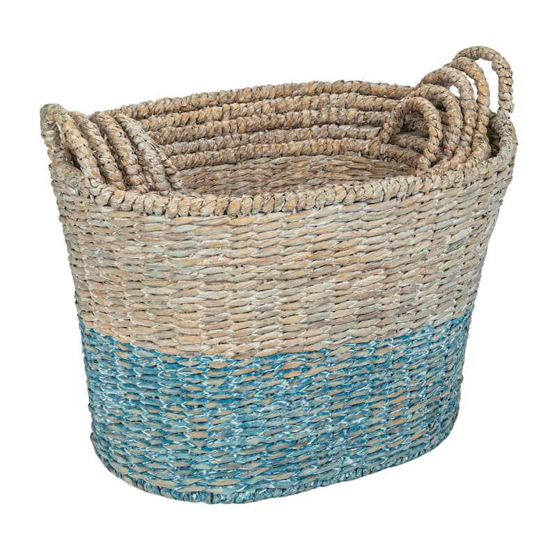 Various Woven Water Hyacinth and Rattan Dip Dyed Baskets, Set of 5 - 22.0"L x 16.0"W x 18.5"H