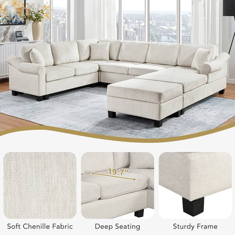 111.8" U-Shaped Chenille Sectional Sofa with Movable Storage Ottoman, Roll Arms and Accent Pillows for Living Room