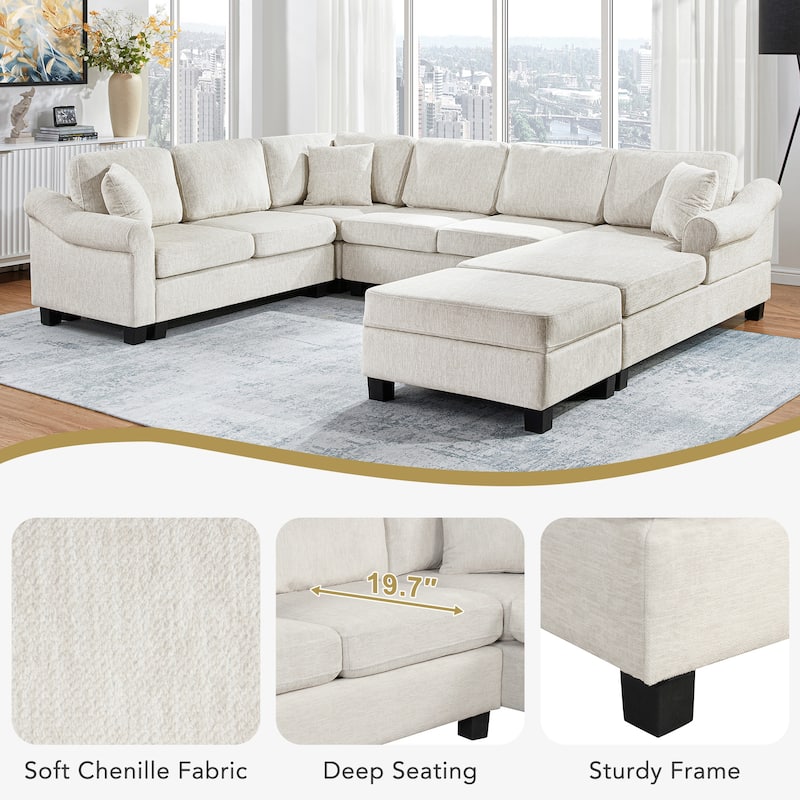 Roomfitters U-Shaped Chenille Sectional Sofa with Storage Ottoman, Modern Upholstered Couch for Living Room