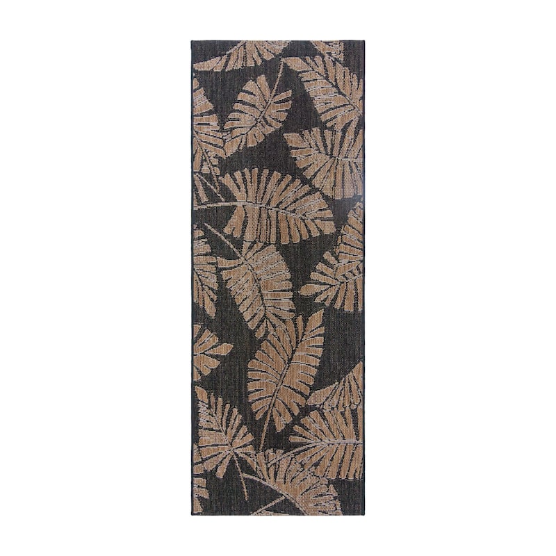 Reyn Spooner Kona Coast Lua'Ehu Black Big Tropical Leaf Flatweave Indoor/ Outdoor Area Rug Runner - 2'2" x 6'