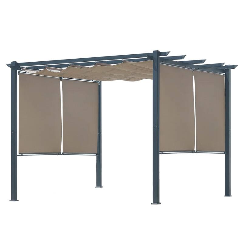 Aoodor 10 x 10 FT Outdoor Pergola with Retractable Shade Canopy, 4 Pieces Roller Shade Curtain