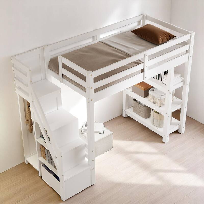Twin/Full Size White Loft Bed with Storage Shelves, Staircase, Wardrobe & LED Light - Pine Wood Frame