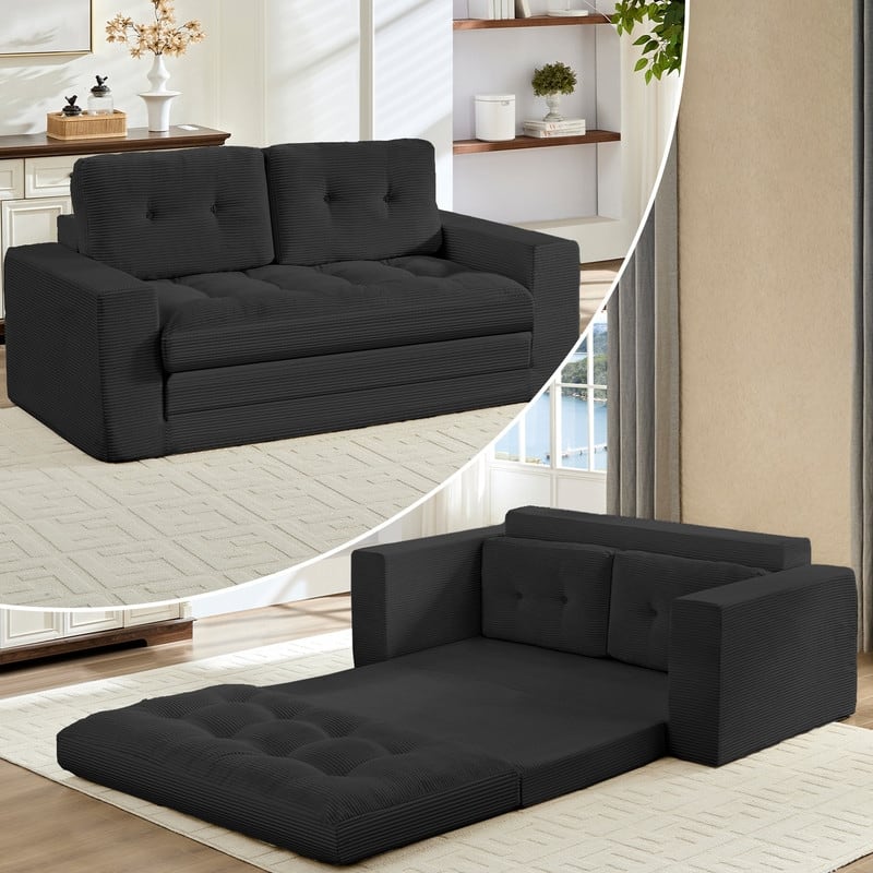 Mixoy 71'' 2-in-1 Convertible Futon Loveseat Sofa Bed,Corded Fabric Foldable Tufted Buttons 2-Seater Sleeper Sofa - BLACK - Loveseat