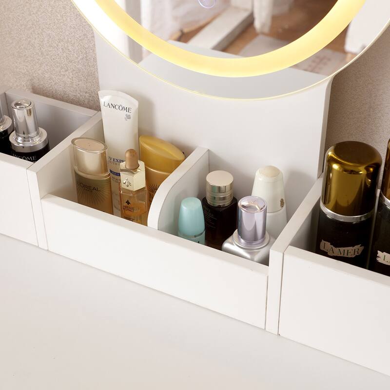 Makeup Vanity Table with Lighted Mirror & Power Outlet - Storage Drawers, Bookshelves & Iron Bracket