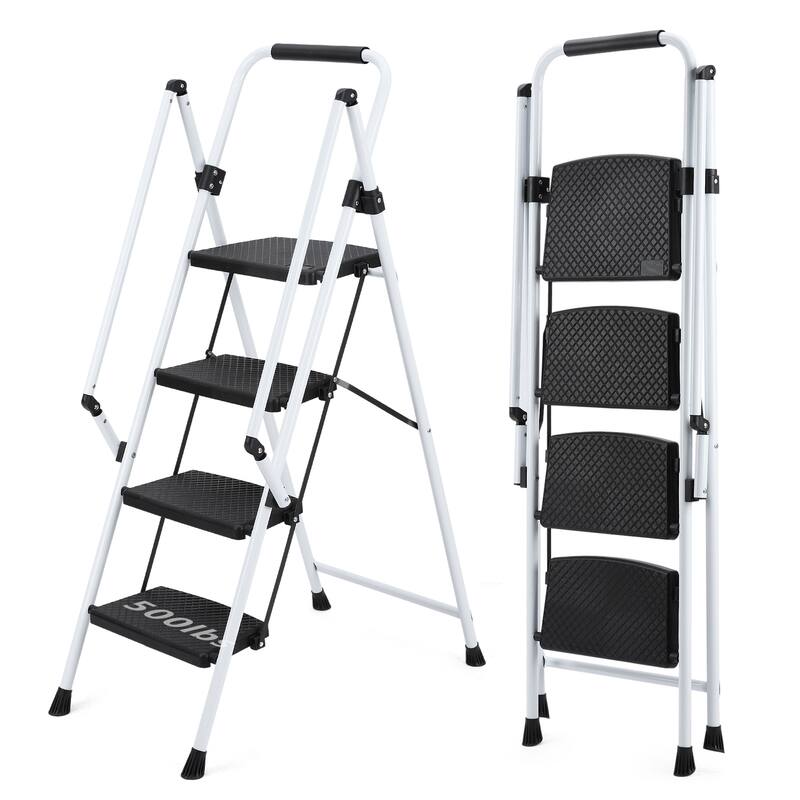 White 4-Step Folding Ladder with Safety Handle and Anti-Slip Pedals