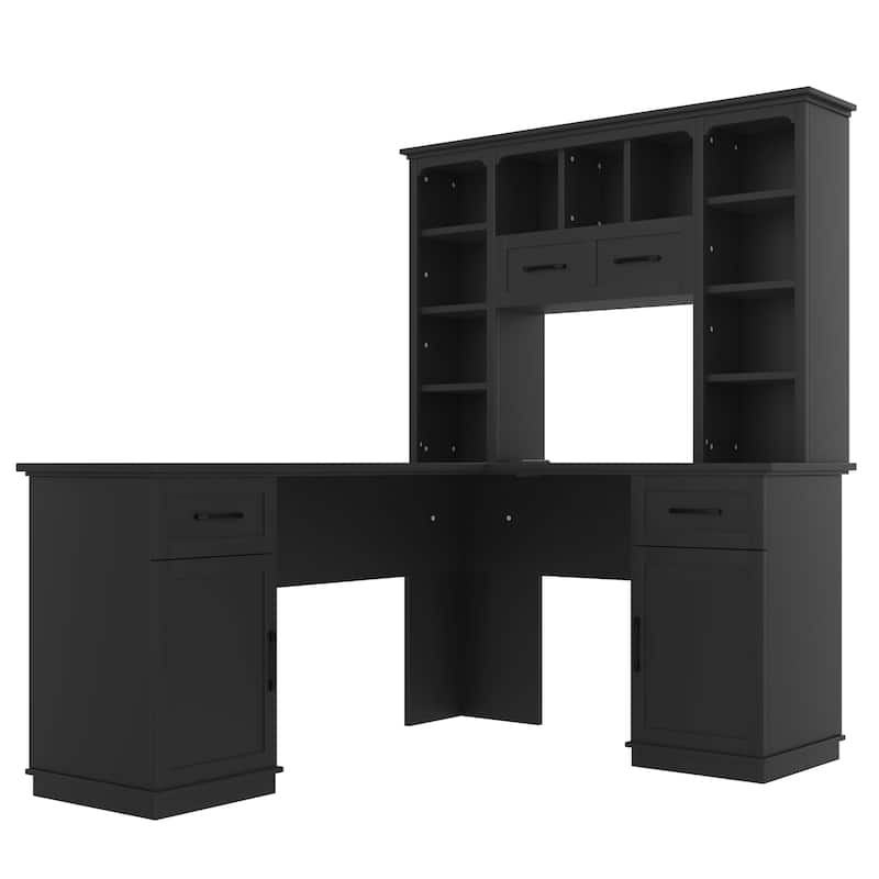 L-Shaped Computer Desk with 2 Cabinets, 2 Drawers, 11 Open Shelves and a Flip-Up Shelf with Storage on the Right Side