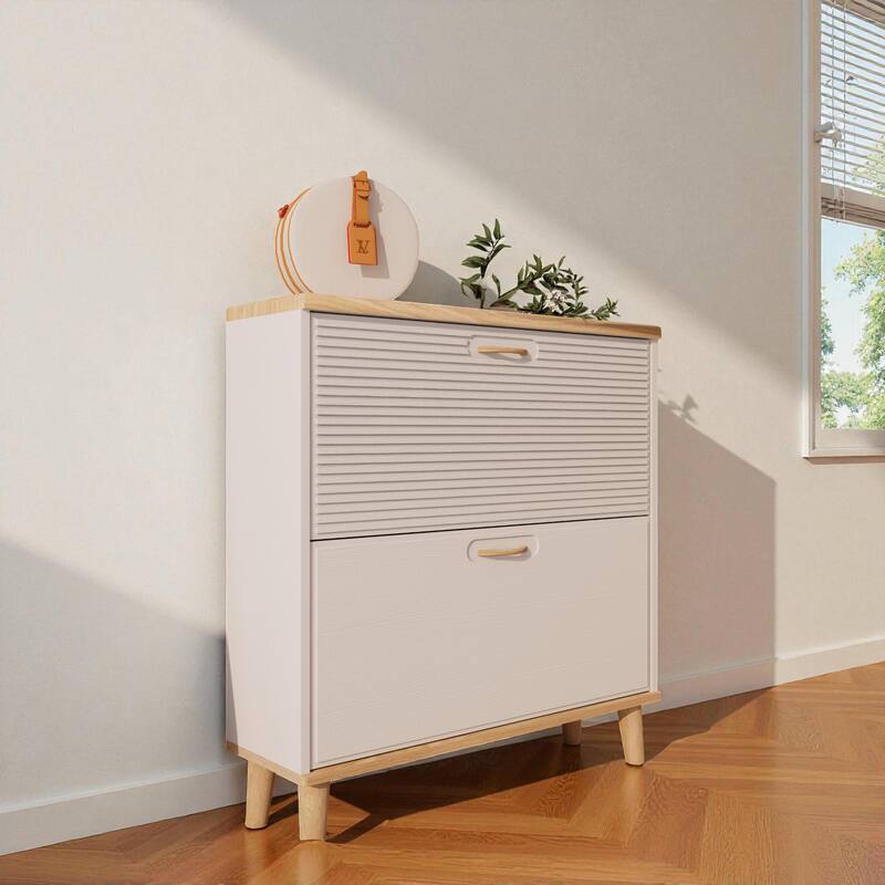 31.5" Narrow Shoe Storage Cabinet with 2 Flip Drawers, Slim Freestanding Entryway Shoe Organizer with Natural Wood Legs