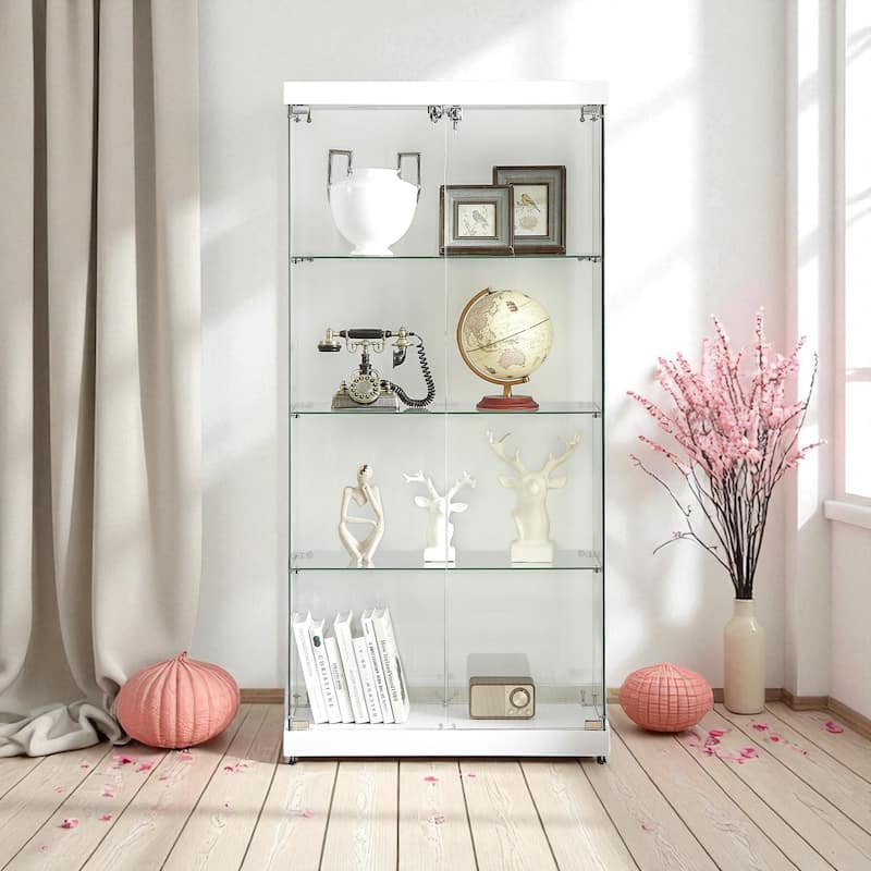 4-Tier Double Door Glass Display Cabinet with Locks and LED Lights, Tempered Glass Showcase for Collectibles and Storage - White