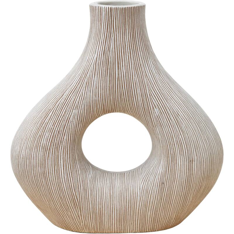 Eternity White Striped Textured Polyresin Vase Modern Table Decor - White