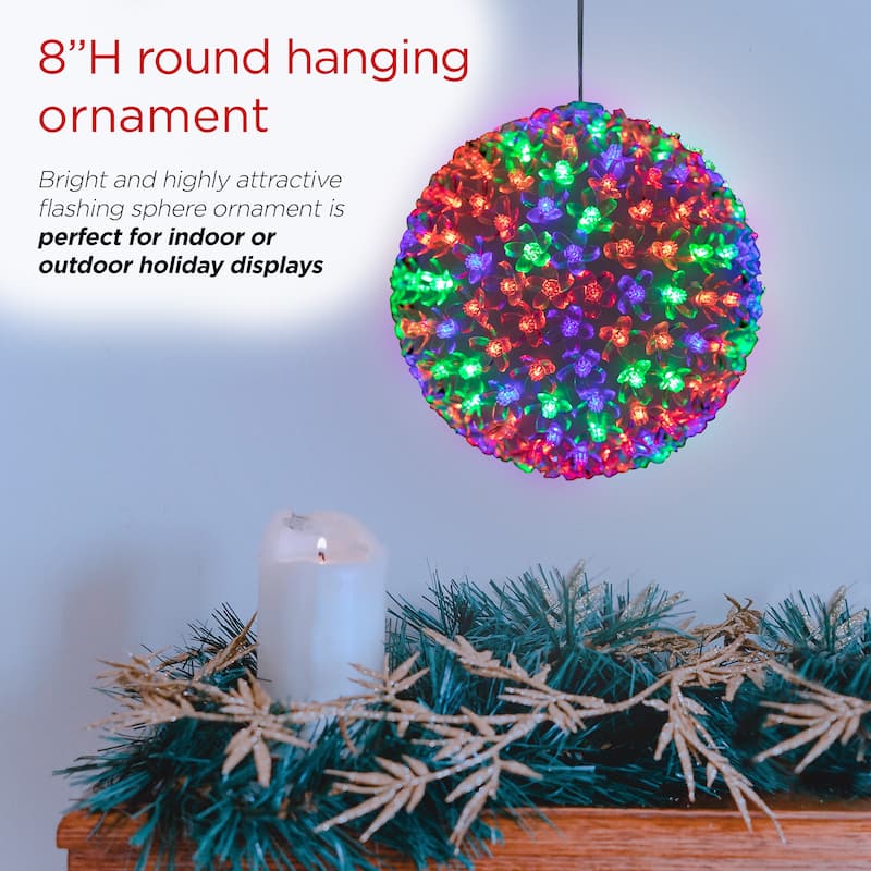 Alpine Corporation 8"H Indoor/Outdoor Christmas Flashing Sphere Hanging Ornament with LED Lights