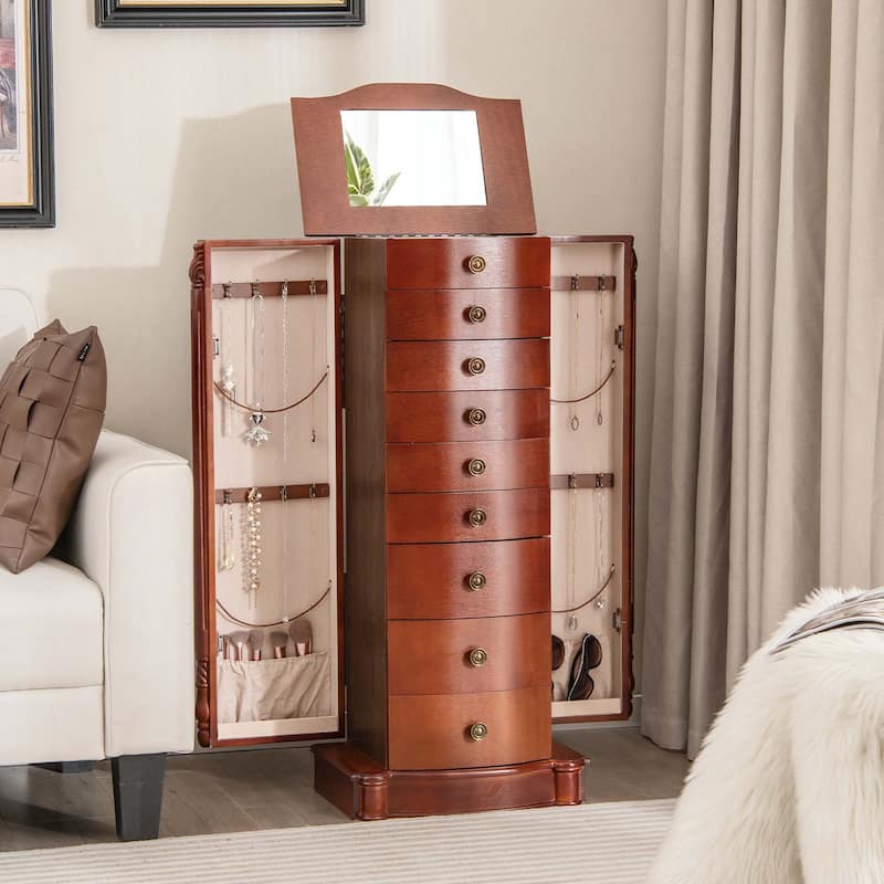 Costway Wood Jewelry Cabinet Storage Chest Stand Organizer Necklace