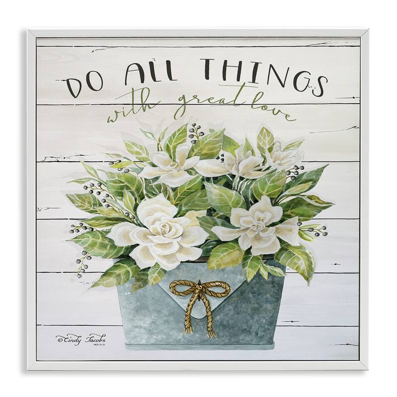 Stupell Do All Things With Great Love Floral Magnolia Pail Planked Look, 12 x 12, Design By Artist Cindy Jacobs - Multi-Color - 12 x 12 - Wood - White
