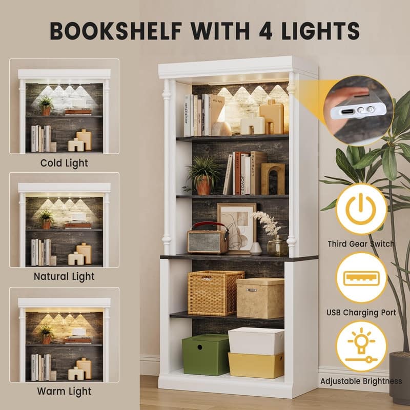 5-Tier Roman Column Style Bookcase with Cabinet Adjustable Shelves and Lights