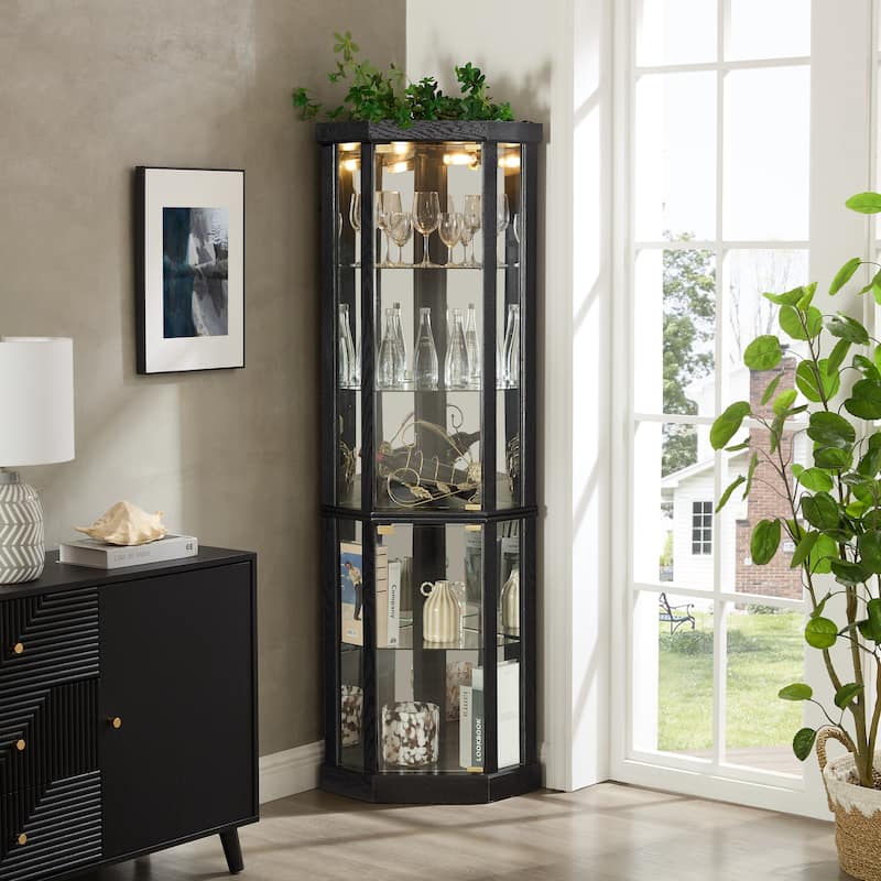 Lighted Corner Curio Cabinet Elegant Glass Display Case for Living Room & Bar Storage for Antique Collections & Wine - Black