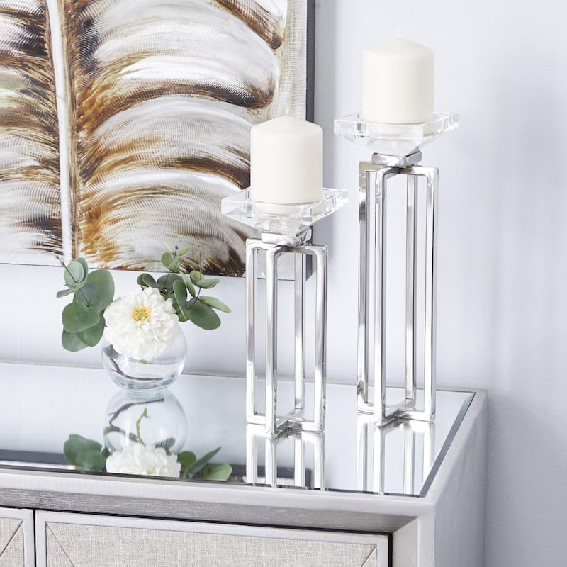 Stainless Steel Metal Geometric Decorative Candle Holder with Diamond Inspired Top - Set of 2 Silver - Roche River Decor