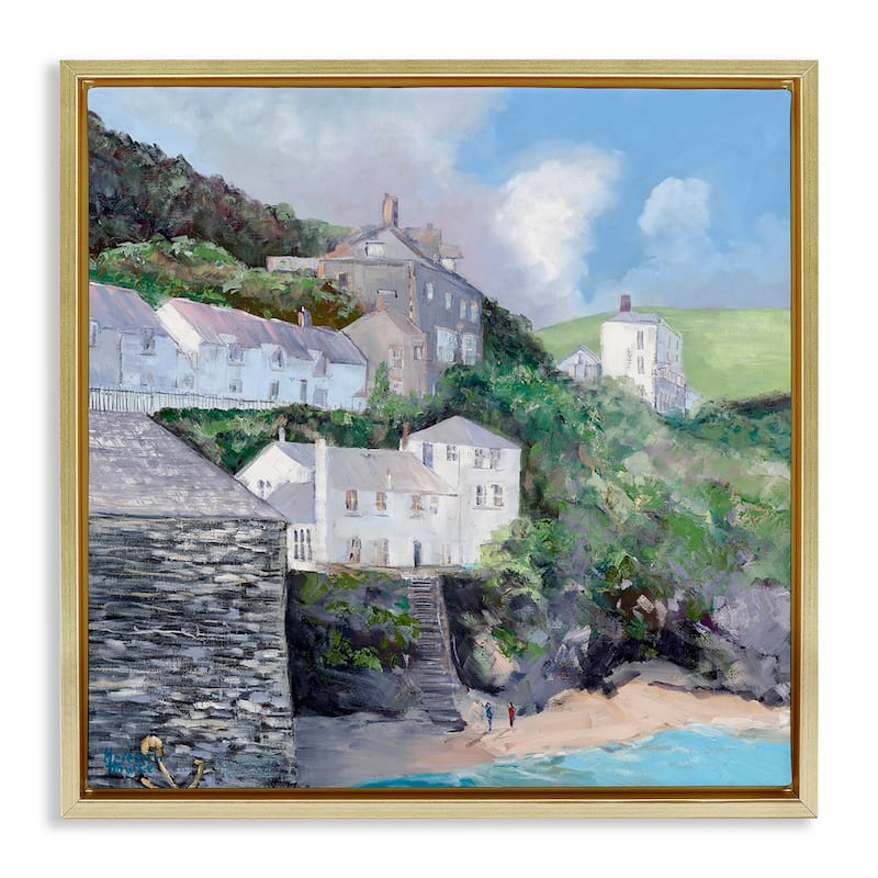 Stupell Coastal Village Beach Framed Floater Canvas Wall Art Design By Meredith Howse - 18 x 18 - Gold