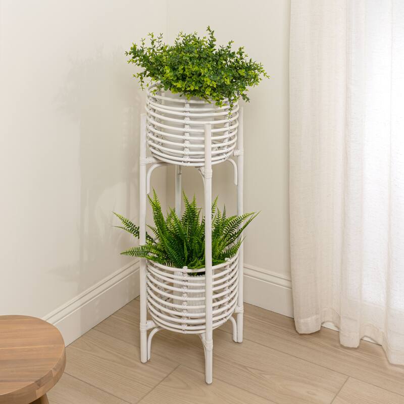 JONATHAN Y Zachariah 33.5" Bohemian Minimalist Handmade 2-Tier Rattan Indoor Planter Stand