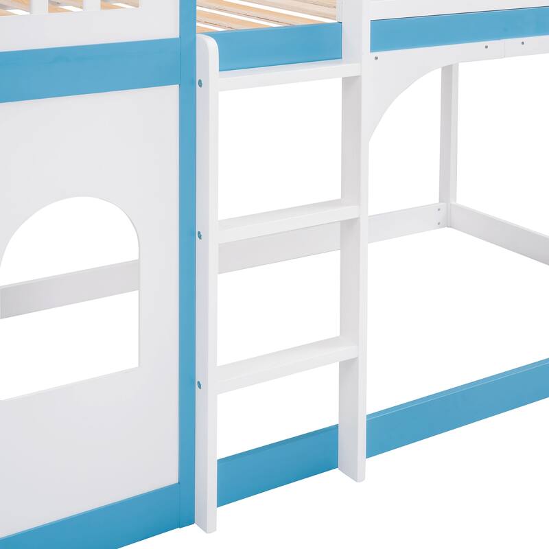 Castle Shaped Wood Bunk Bed with Door and Window, Twin Over Twin Size