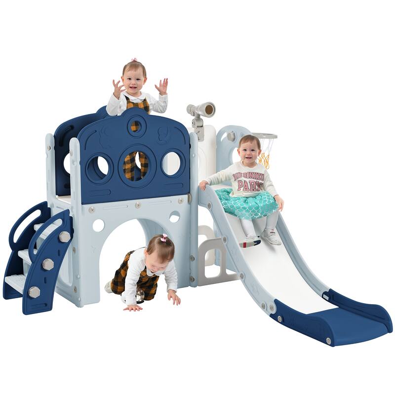Freestanding Spaceship Set with Slide, Arch Tunnel and Basketball Hoop, Toy Storage Organizer for Toddlers, Kids Climbers