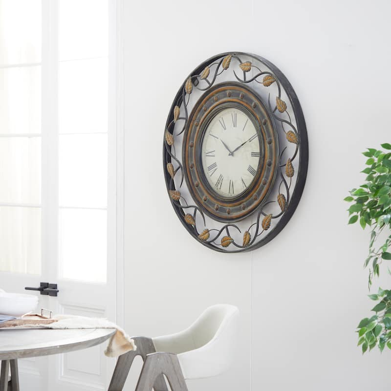 Metal Leaf Wall Clock with Scrolled Vines - Brown - Roche River Decor - 3"W x 36"L x 36"H