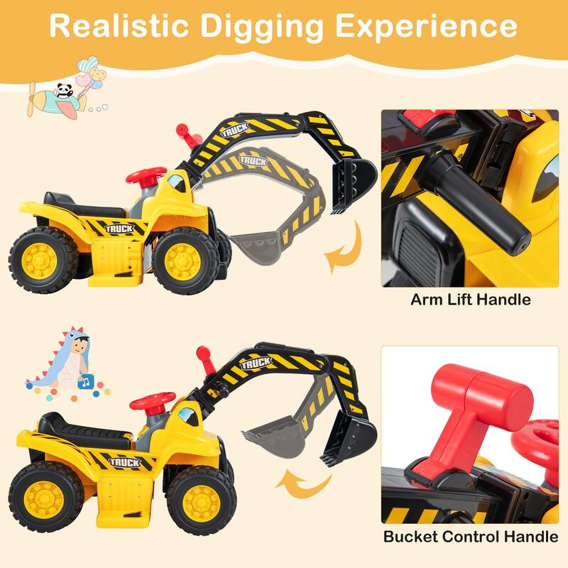 Electric Ride-On Excavator for Kids 2+ 6V Battery Powered Digger with Working Arm - 34.5" x 14" x 18" (L x W x H)