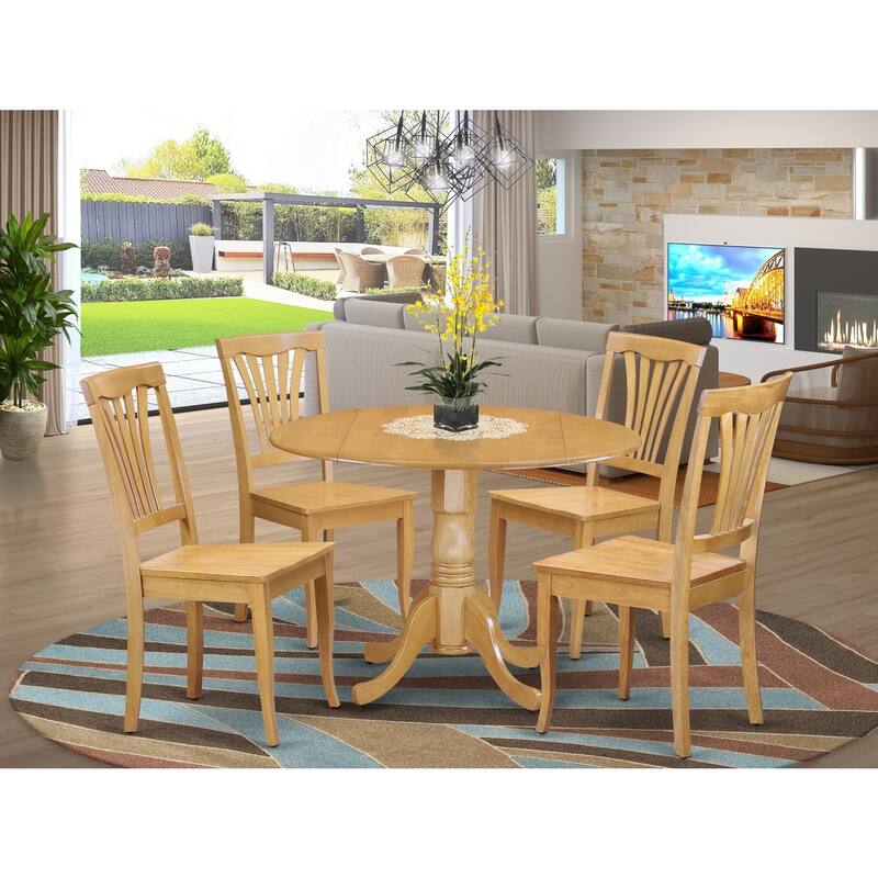 Round Dining Set - 5 Piece Table & Chair Set - 42" Kitchen Table with Dropleaf - Oak Finish